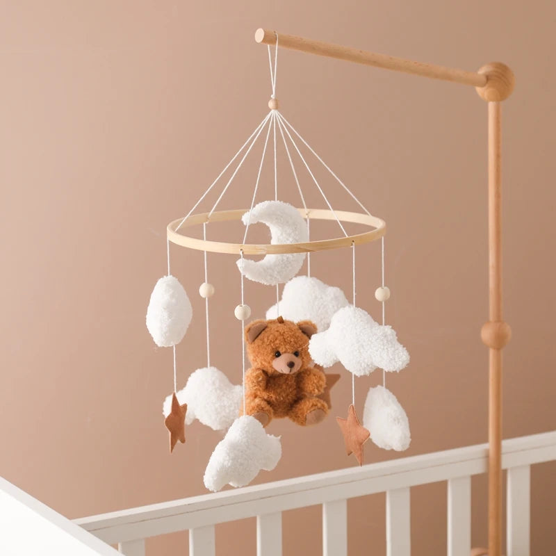 Wooden Crib Mobile Baby Bed Bell Rattle Toy Soft Felt Cartoon Bear Mobile bracket Newborn Music Box Bed Bell Hanging Bracket Toy