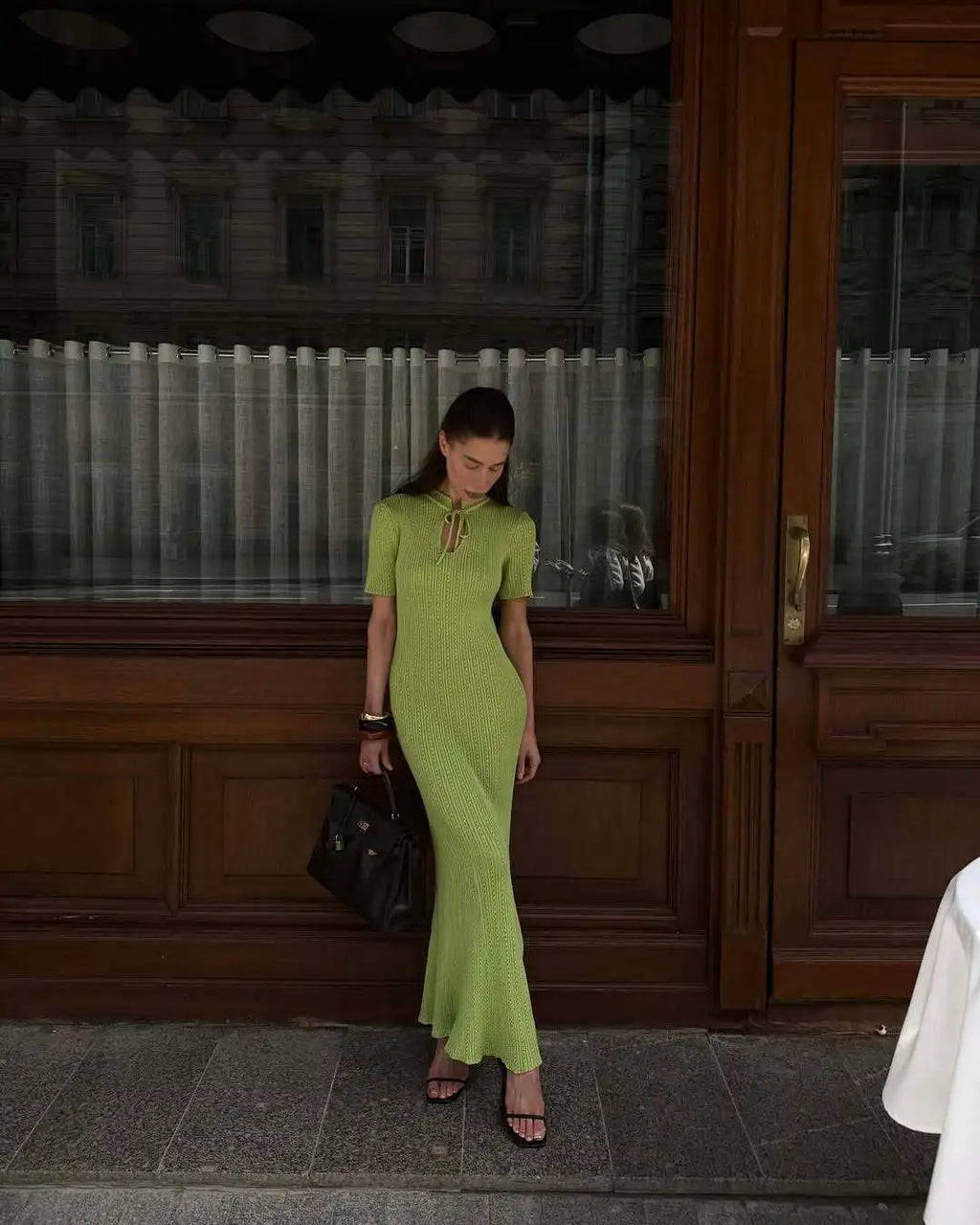 Tossy Knit Hollow Out Lace-Up Dress Female Ribbed Short Sleeve Patchwork High Waist Elegant Long Dress Women's Knitwear Dress