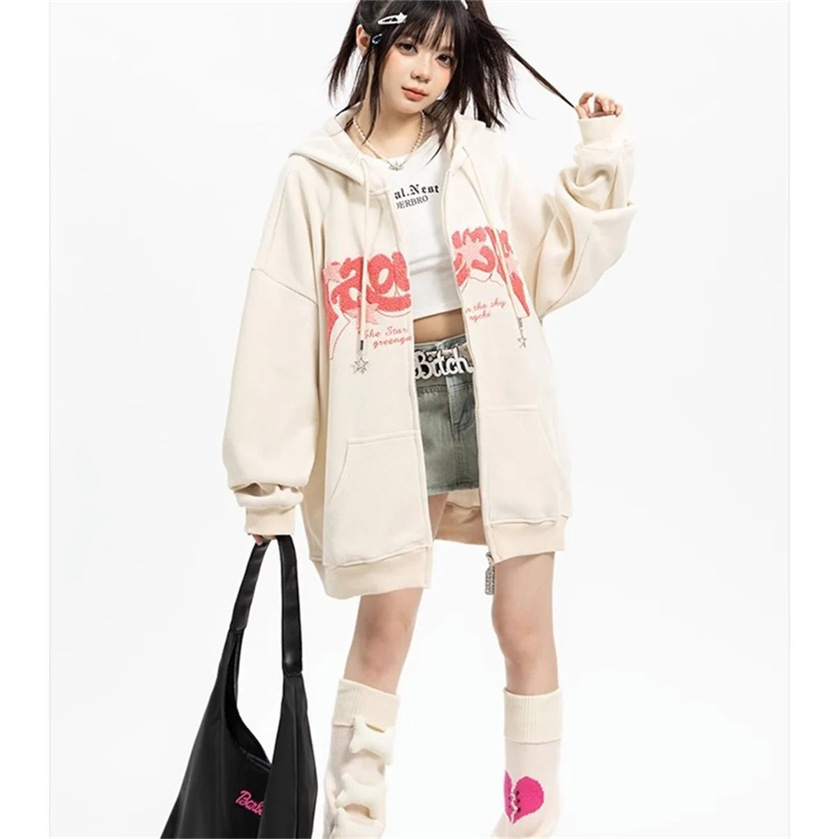 Fashion Embroidery Zip Up Hoodies Women Autumn Long Sleeve Tops Loose Hood Shirt Harajuku Y2K Clothes Female Sweatshirt Jacket