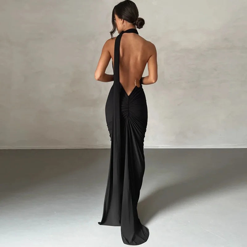 Women's One-Shoulder Sleeveless Maxi Dress Adjustable Scarf Loop Ruched Backless Bodycon Festival Party Outfit Elegant Long Gown