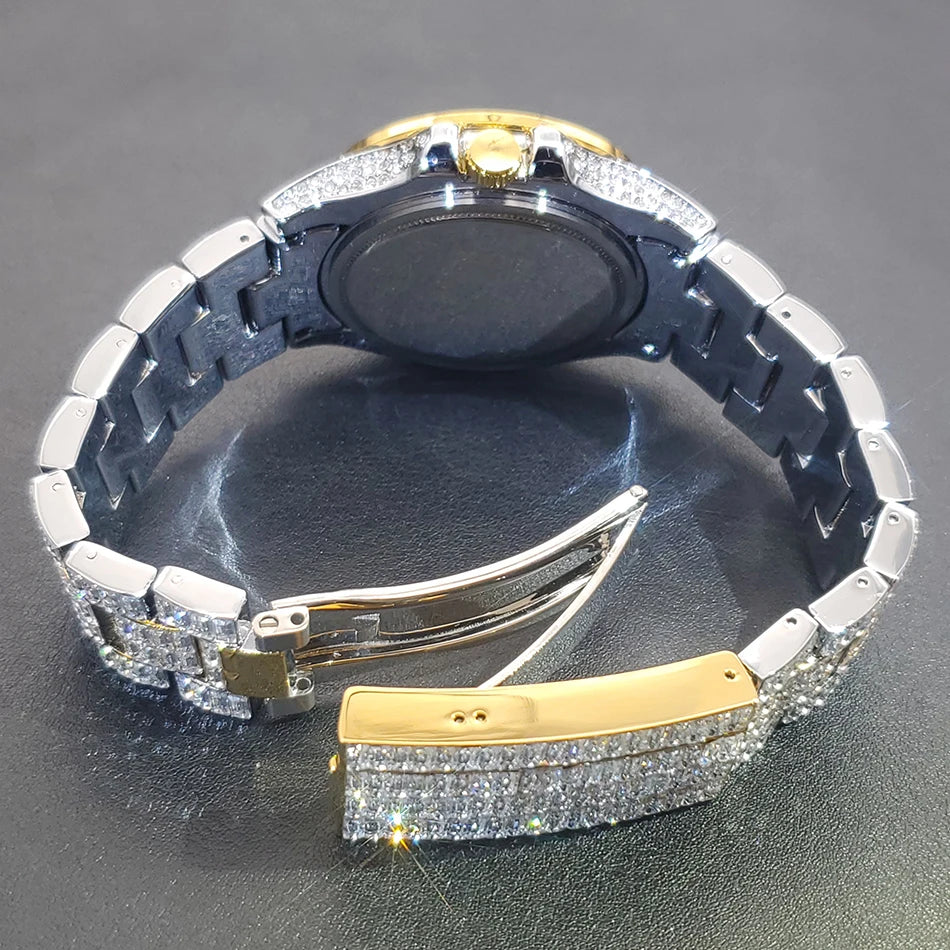 MISSFOX Full Iced-Out Men’s Watch | Luxury Diamond Silver Stainless Steel Quartz with Auto Date