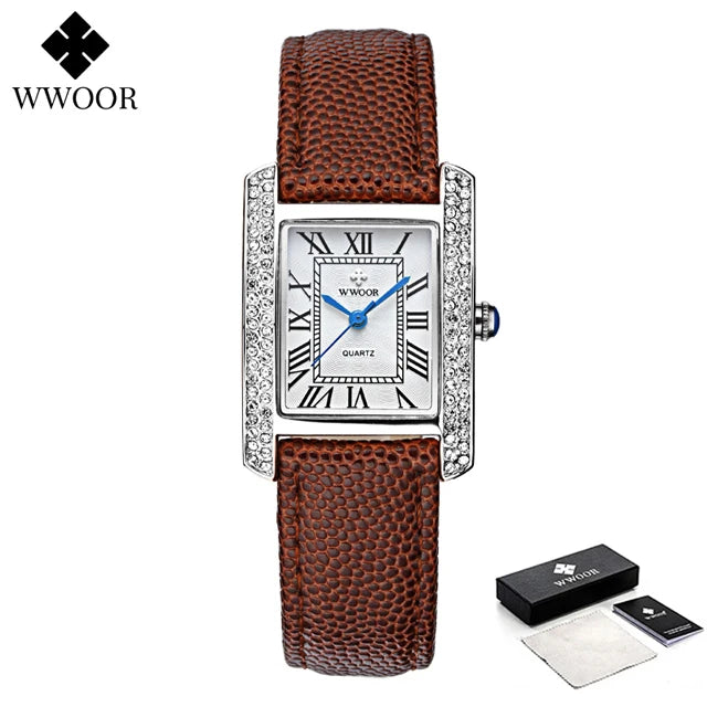 WWOOR Elegant Women's Watches Square Diamond Ladies Watch Waterproof Luxury Brand Leather Quartz Bracelet Watches Zegarek Damski