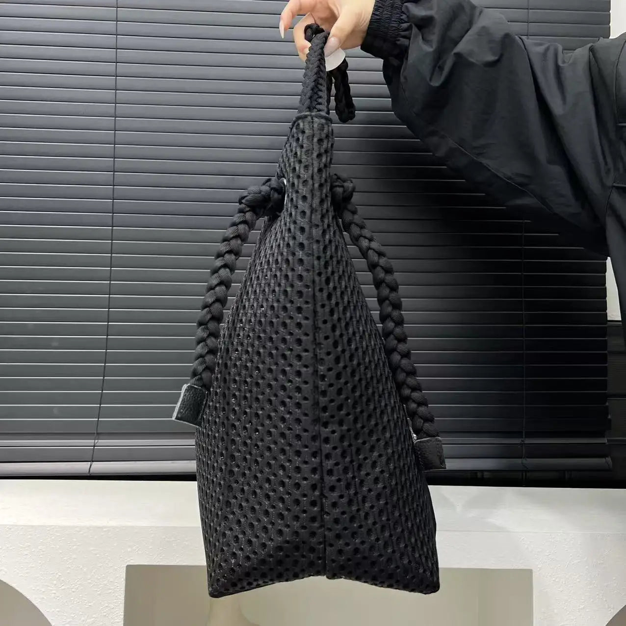 Venn Angel Women Handbags Nylon Woven Tote Bag PU Satchel Fashion Black Shoulder Bag Large Leisure Tote Shoulder Bag Purse