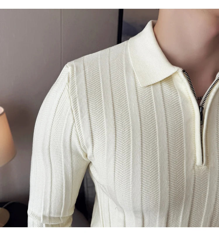 Men's Zip-Front Knit Sweater - White Polo Collar (Black/Burgundy/Cream) M-4XL Soft Touch Autumn Winter Casual Style