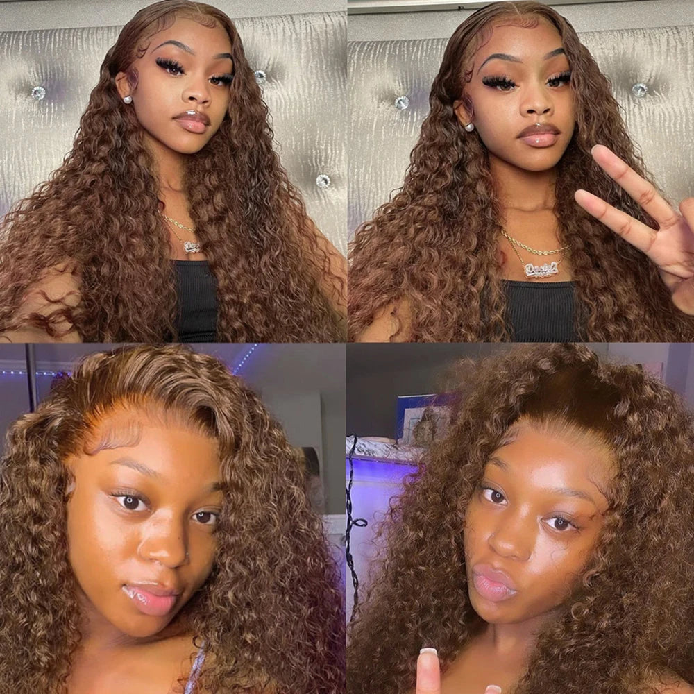 HJ WEAVE BEAUTY Deep Curly HD Lace Frontal Wig | Chocolate Brown Human Hair