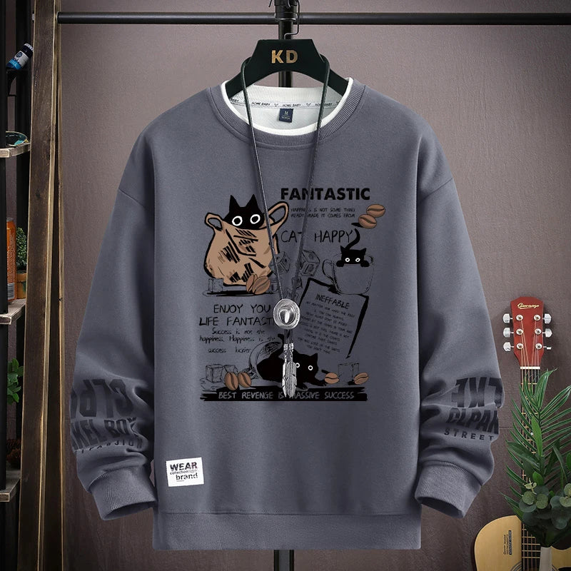 Men Women T Shirt Pullover Oversized Korean Version Long Sleeve Top Cartoon Cat Graphics T-Shirt Harajuku Casual Men's Clothing