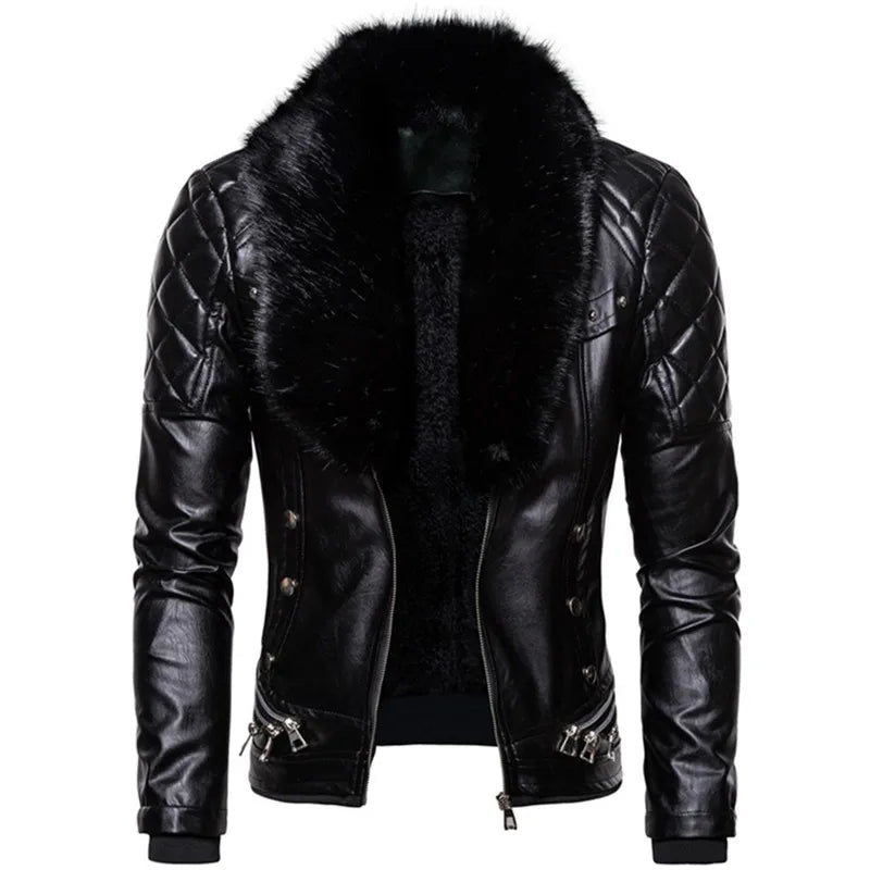 New Winter Fleece Motorcycle Leather Jacket Men Turn Down Fur Collar Slim Fit Warm PU Bomber Jackets Coats Mens Moto Biker Coat
