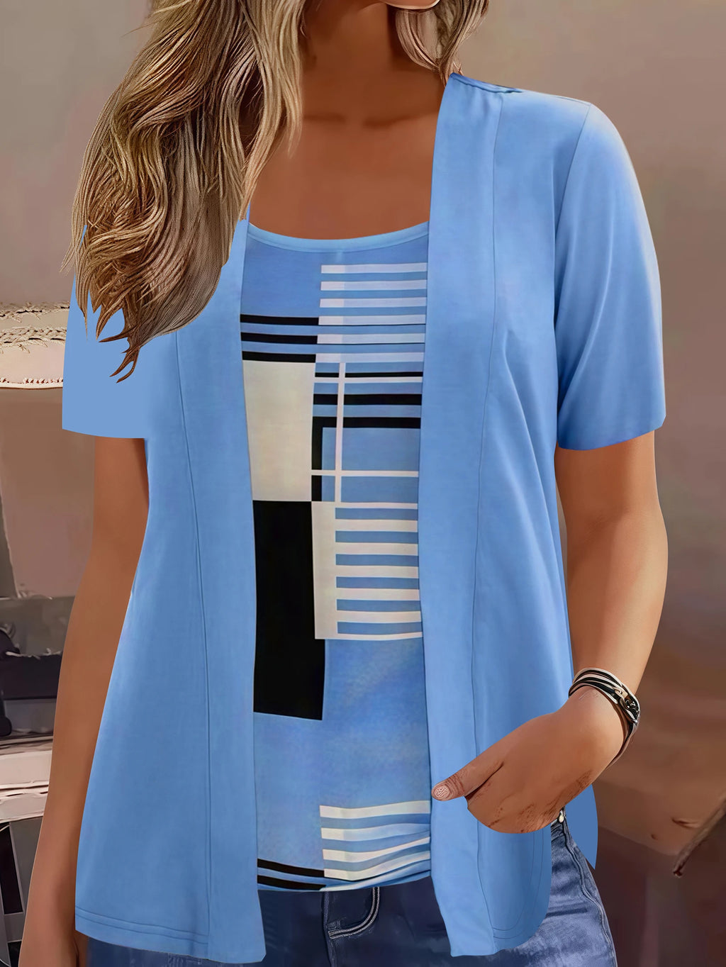 Elegant Geometric Print Mock Two-Piece T-Shirt | Plus Size Womens Summer Casual Top | Fashion Patchwork Design