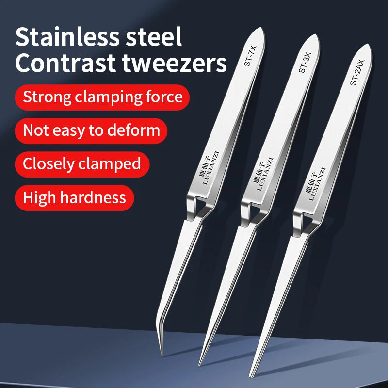 LUXIANZI Stainless Steel Reverse Tweezers Anti-Static Industrial Tweezers Acid Resistant Non-magnetic Precision Forceps Tools