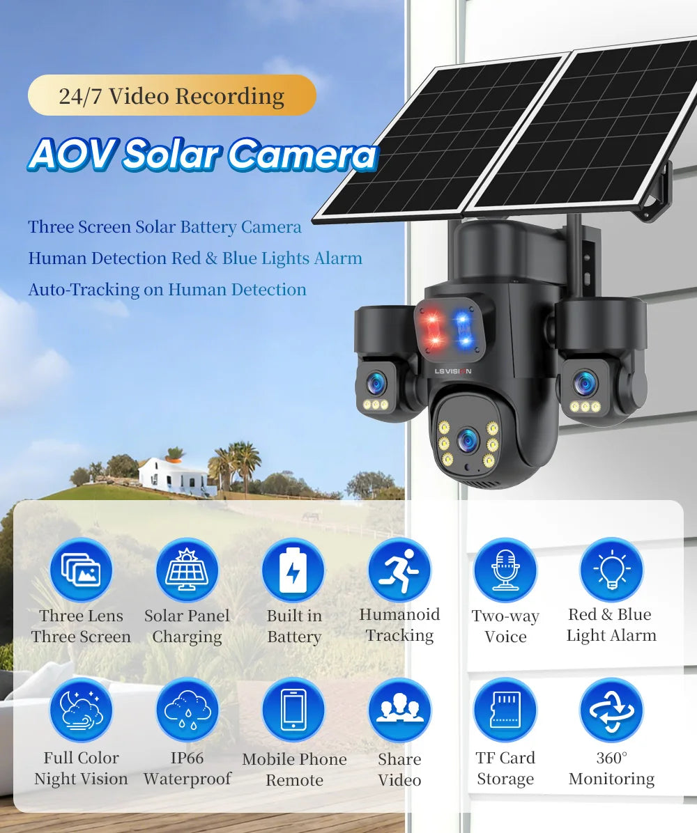LS VISION AOV/PIR 3-Screens Solar Camera Optical Zoom Outdoor