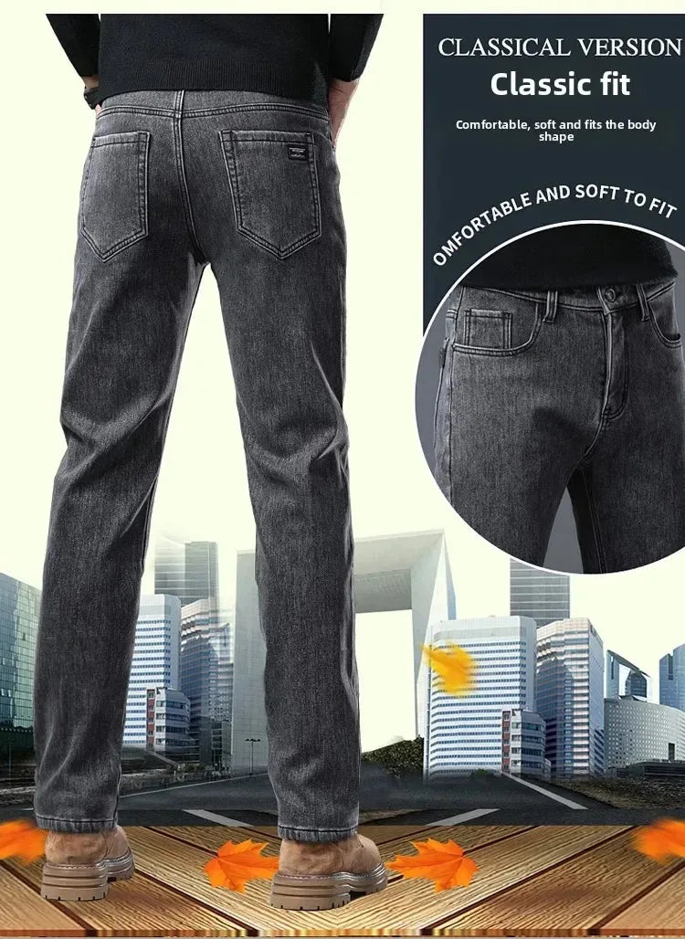 2025 New Winter Men Black Straight Stretch Denim Thick Velvet Pants Warm Jeans Casual Fleece Line Trousers Male Plus Size