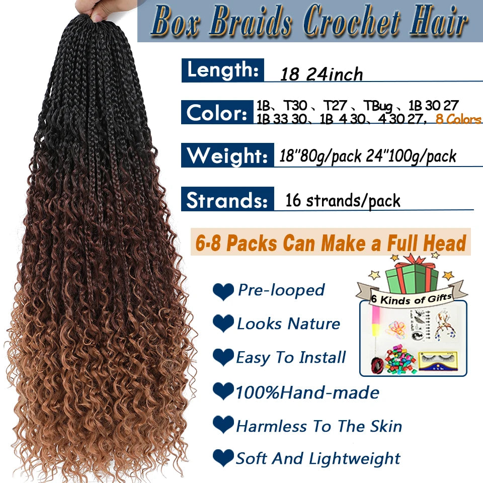 Boho Box Braids Goddess Bohemian Hippie Braids Braiding Hair Box Braids with Curly Ends Messy Pre-looped Synthetic Crochet Hair