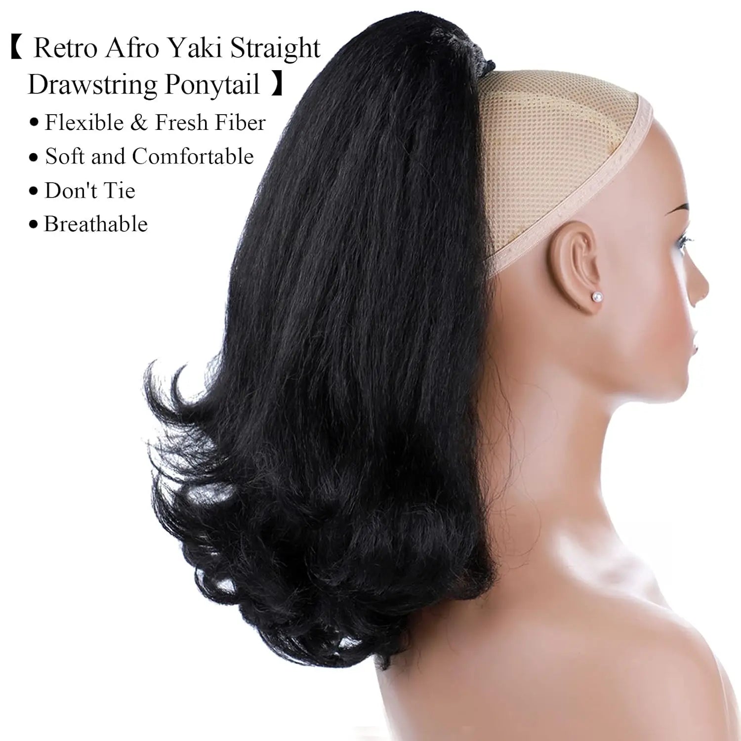 16Inch Synthetic Nature Black Drawstring Ponytails for Black Womens Yaki Straight Hair Extensions Warping For Daily Party Use