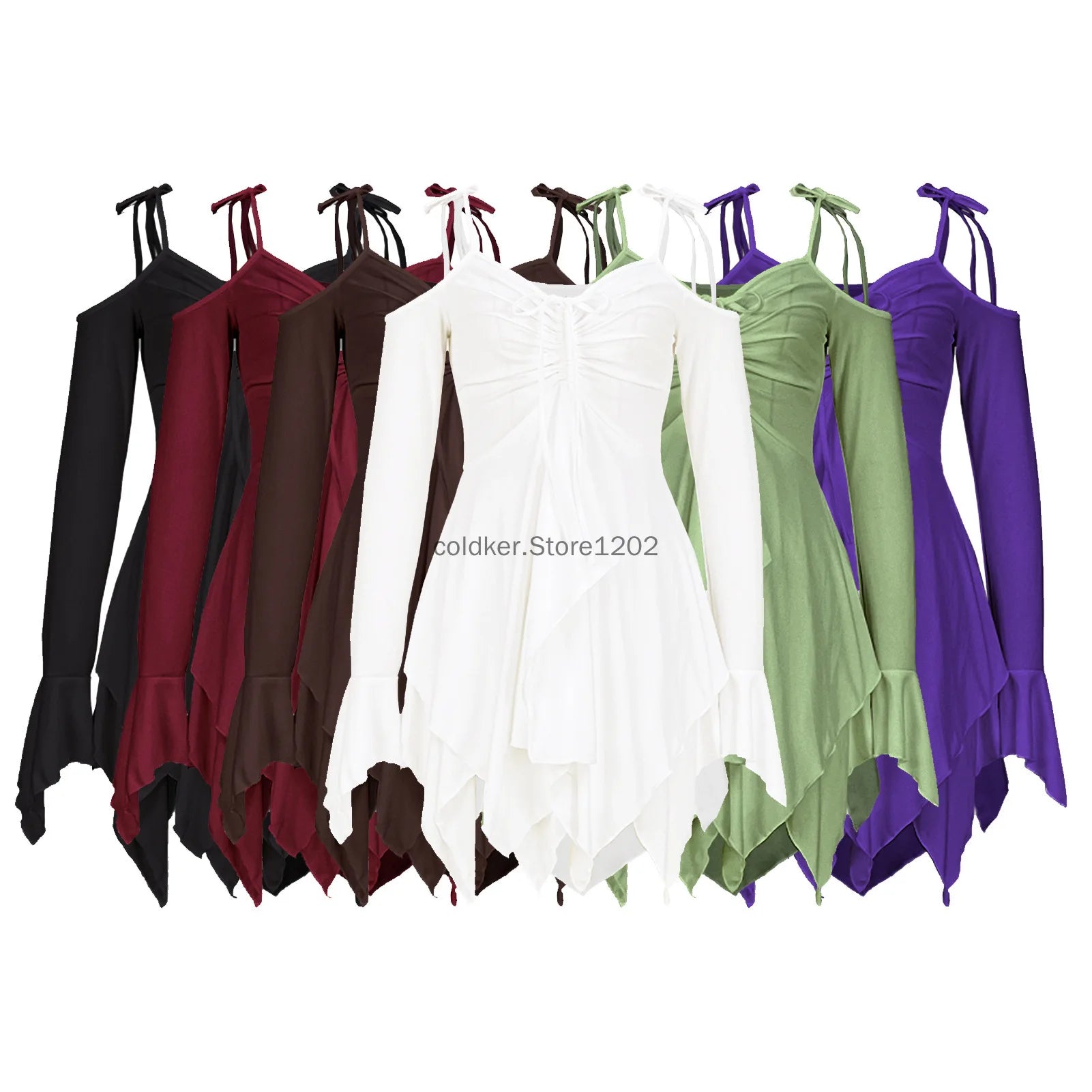 2025 Gothic Women Clothing Drawstring Pleated Short Dresses Solid Color Y2K Irregular Lace-Up Off The Shoulder Long Sleeve Dress