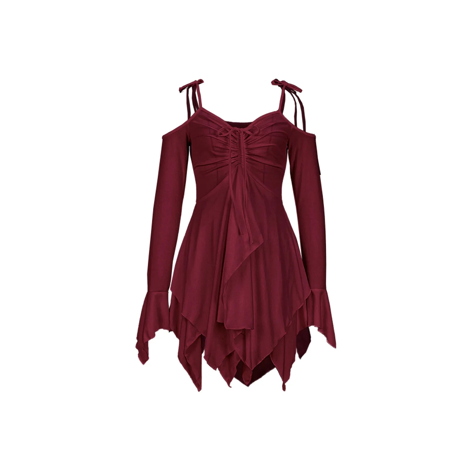 SKMY Women Clothing Drawstring Pleated Short Dresses Solid Color Y2K Irregular Lace-Up Off The Shoulder Long Sleeve Dress