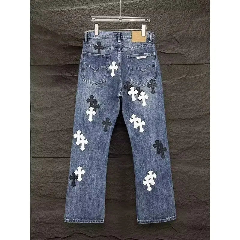 Casual Straight Leg Jeans Men's Loose Fit High Street Style Washed Denim Pants Tapered Leather Feel American Style