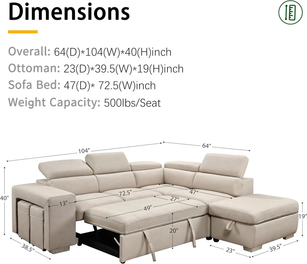 104'' Microfiber L Shaped Sectional Sleeper Sofa Couch with Pull Out Bed and Storage Ottoman, Convertible Couches with