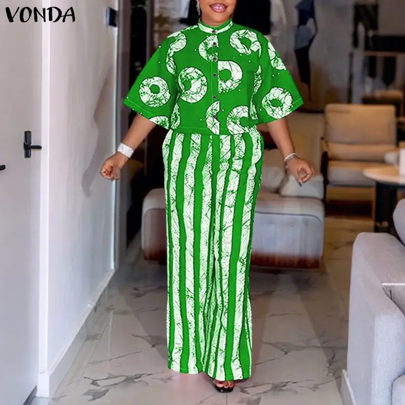 5XL VONDA Plus Size 2 Piece Outfits Autumn Women Bohemian 3/4 Sleeve Fashion Shirts Wide Leg Pants Print Vintage Pant Sets 2PCS