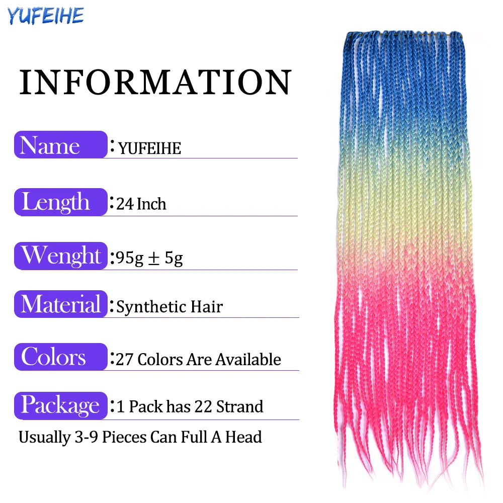 Synthetic Box Braids Hair Colored Crochet Hair Extensions Ombre Blue Gray Hook Braids Hairpiece For Women Cosplay Daily Use 24''