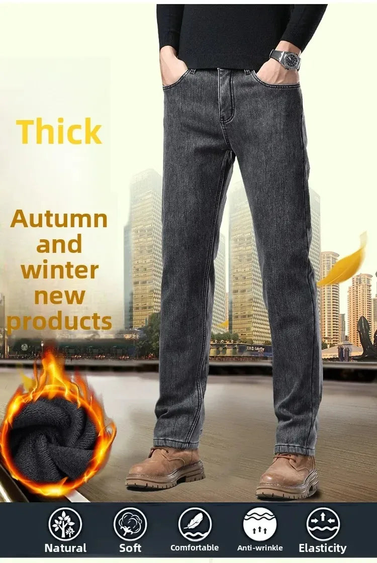 2025 New Winter Men Black Straight Stretch Denim Thick Velvet Pants Warm Jeans Casual Fleece Line Trousers Male Plus Size