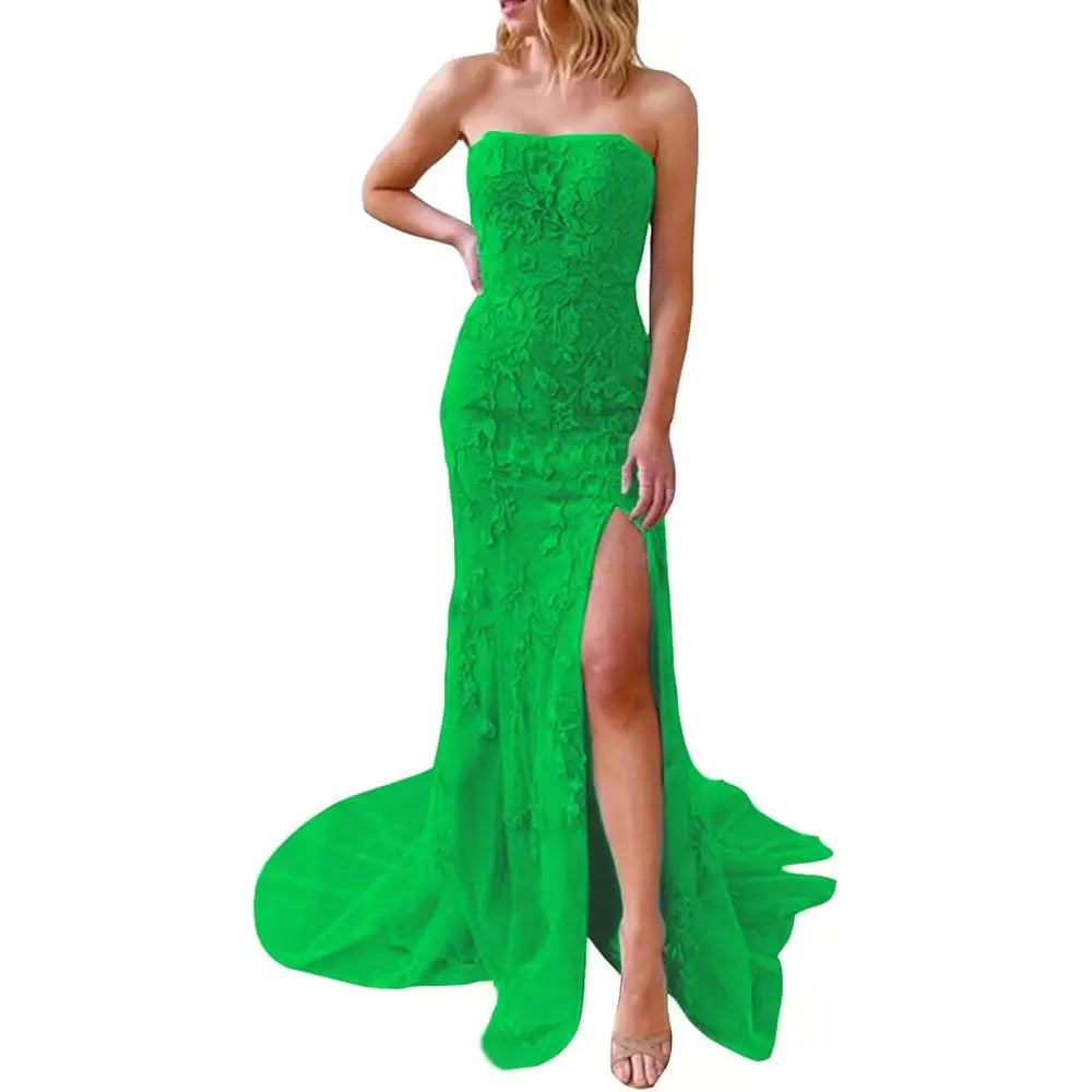 Customized Lace Appliques Strapless Prom Dresses Sexy Mermaid Side Slit Formal Evening Party Gowns Vestido De Fiesta