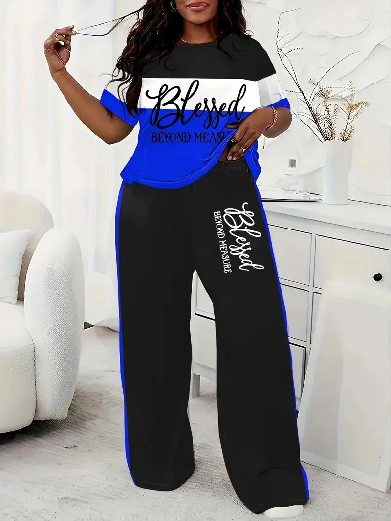 Plus Size Women's Casual Short-Sleeved Striped Printed Loose Pocket Pants Suit