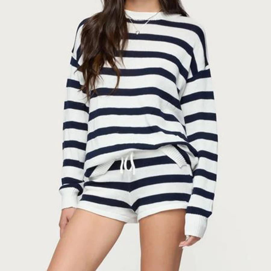 Women's Long Sleeve Shirts Striped Knit Shorts Set Casual Patchwork Premium Quality Lace Up Sets for Home Outfit