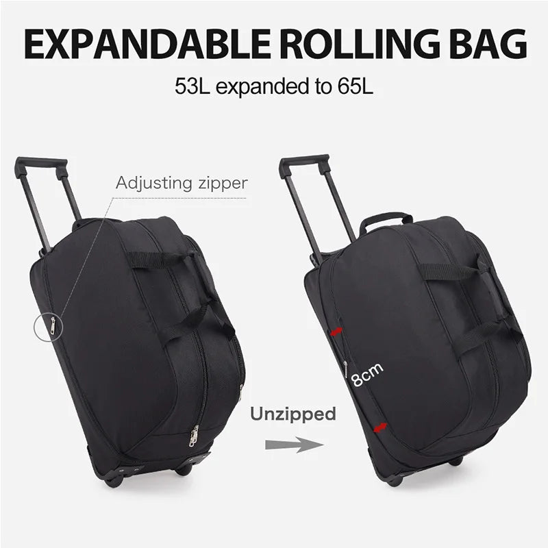 OIWAS Men Trolley Duffle Bag 56L Water-Repellent Foldable Rolling Suitcase Hand Luggage With Wheels Carry-On Bags Expansion Pack