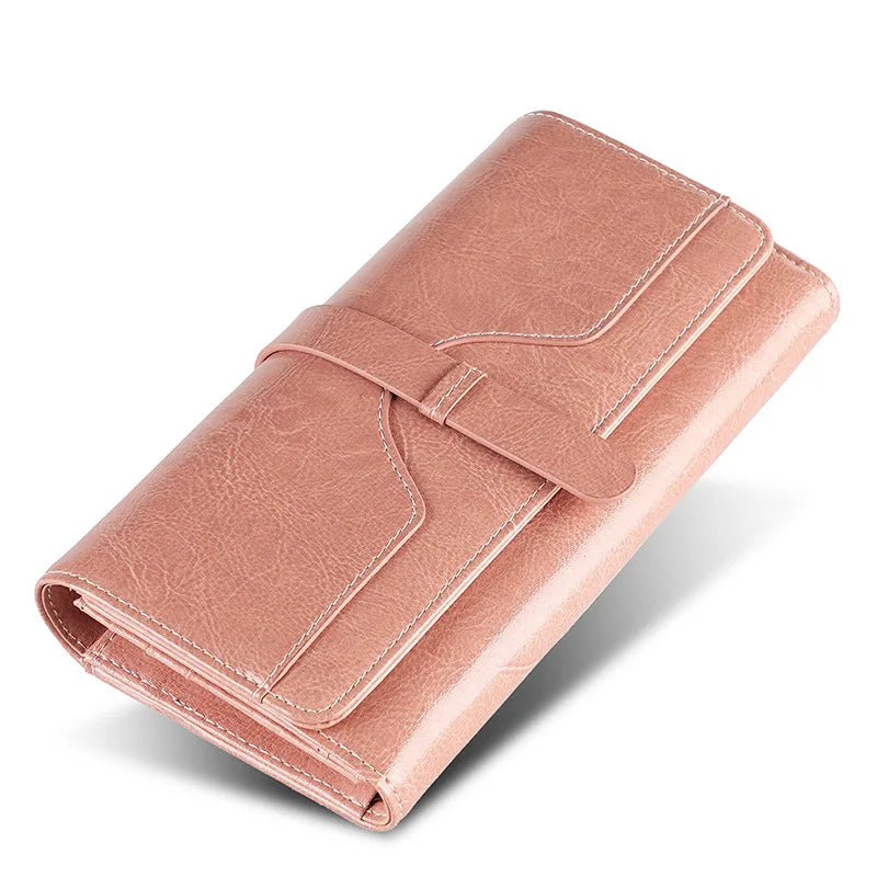 Genuine Leather Wallet for Women Long Clutch Bag Oil Wax Leather Retro Women's Multifunctional RFID Anti-theft Brush Wallets