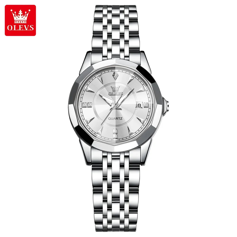 OLEVS 9977 Women's Quartz Watch Rhombus Mirror Waterproof Stainless Steel Elegant Luxury Ladies Hand Clock
