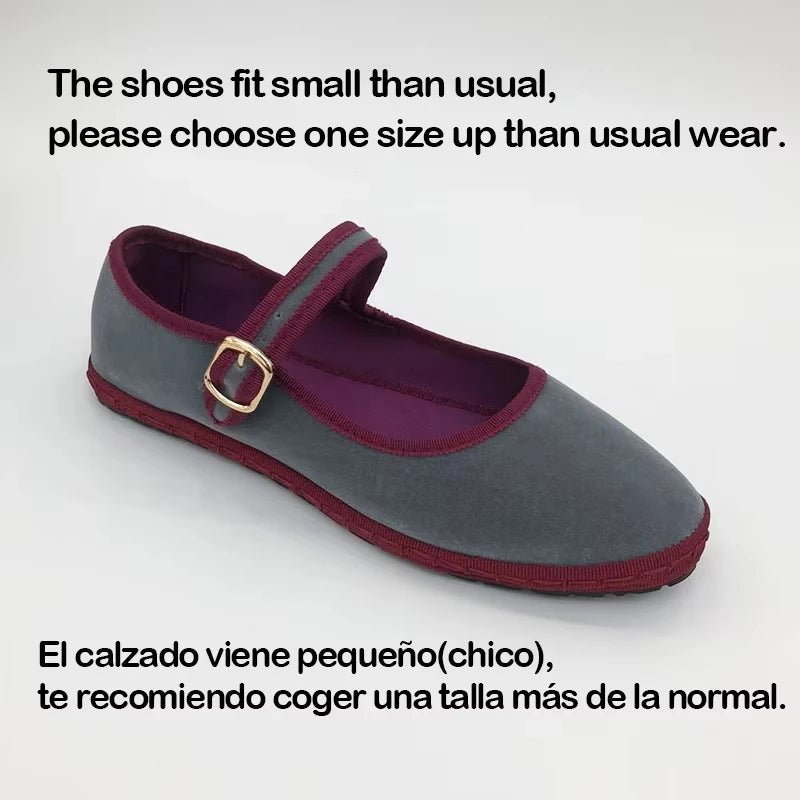 Velvet Mary Jane Shoes for Women Hand Stitch Casual Streetwear Ballet Flats Pumps Female Solid Color Red Cloth Shoes Loafers