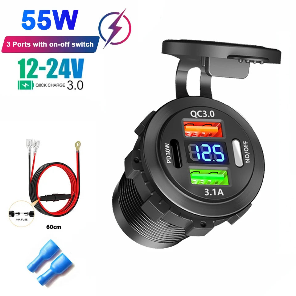 Car Charger Socket Dual Type-C & Dual USB 4Ports Fast Charging Socket Waterproof with Voltmeter 12V/24V For Car Boat Motorcycle