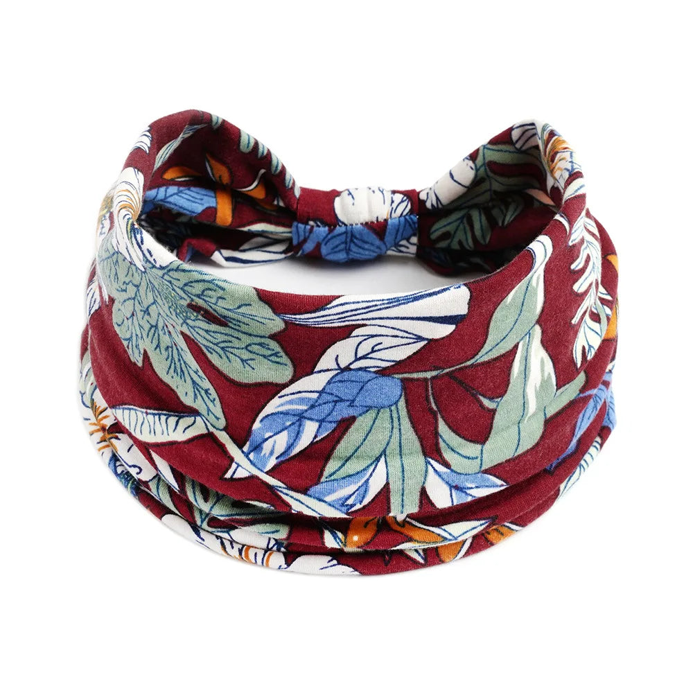 Boho Wide Knot Floral Cotton Headband | Stretch Turban Hair Scarf for Women