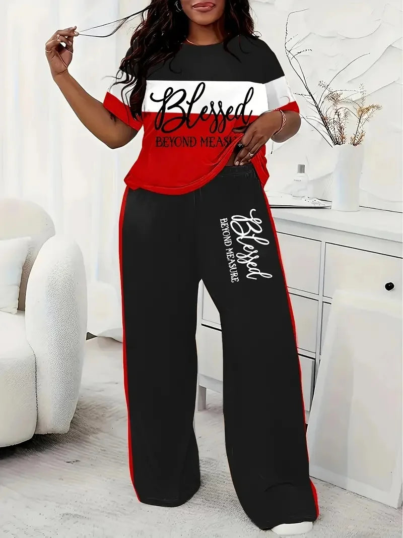 Plus Size Women's Casual Short-Sleeved Striped Printed Loose Pocket Pants Suit