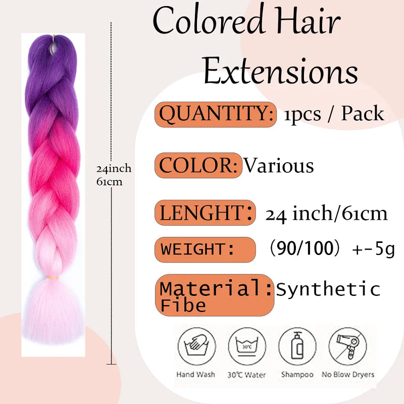 24Inch Synthetic Long Straight Yaki Braids Hair Ombre Braiding Hair Jumbo Rainbow Braid Hair Extension for Women DIY Hair