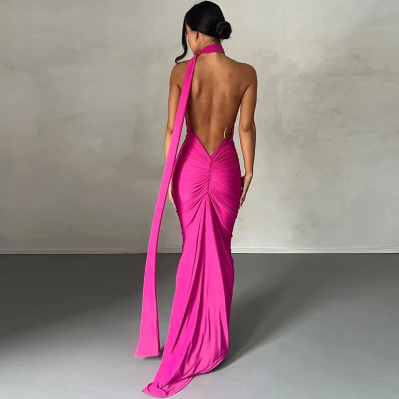 Women's One-Shoulder Sleeveless Maxi Dress Adjustable Scarf Loop Ruched Backless Bodycon Festival Party Outfit Elegant Long Gown