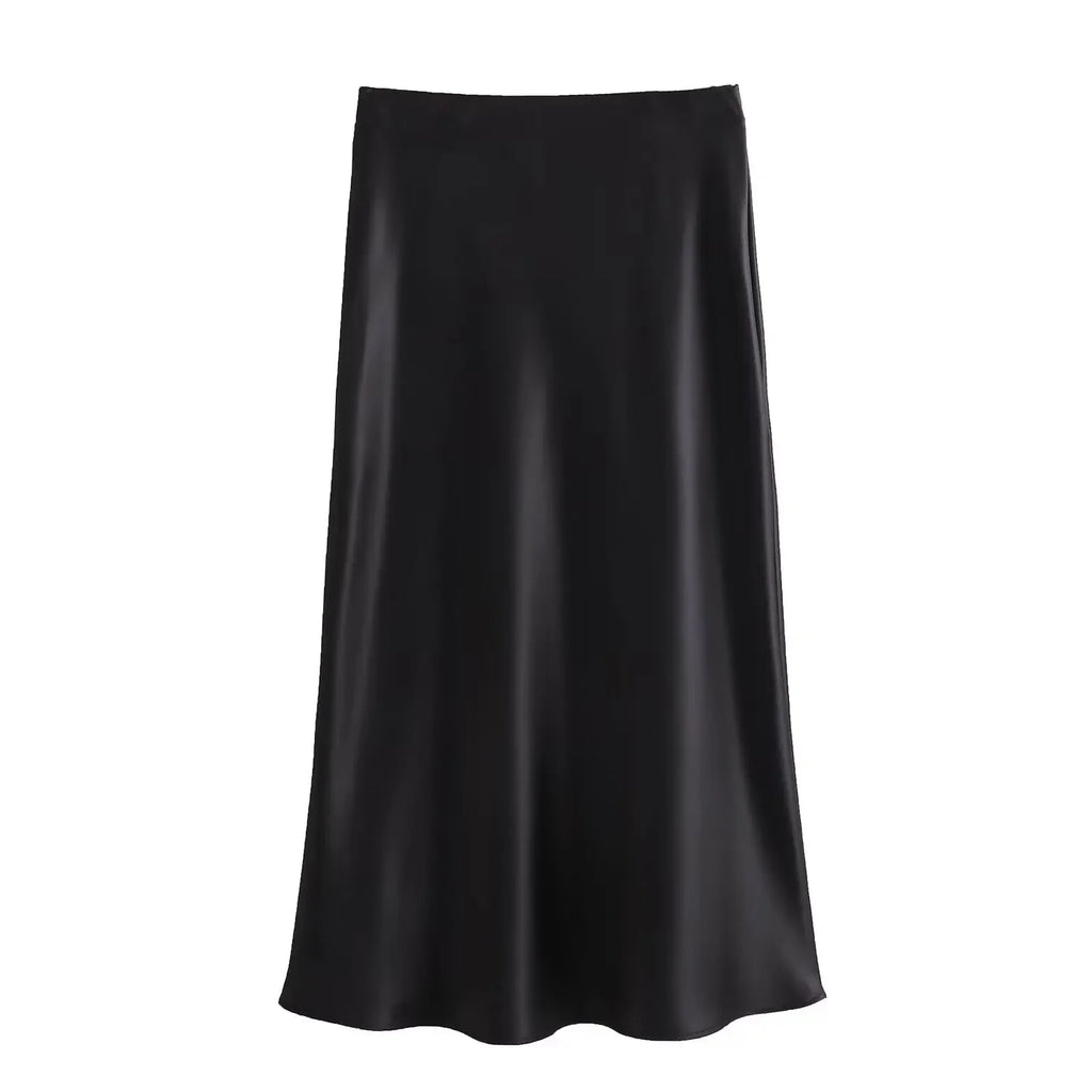 Willshela 2024 Black Satin Skirt Woman High Waist Elegant Long Skirts For Women Fashion Summer Midi Skirt Office Women's Skirts