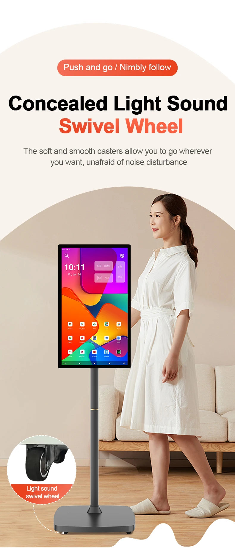 32 Inch Movable With Stand Smart Home Business TV Wireless Smart TV With Rotating Wheels Touch Screen Portable TV﻿