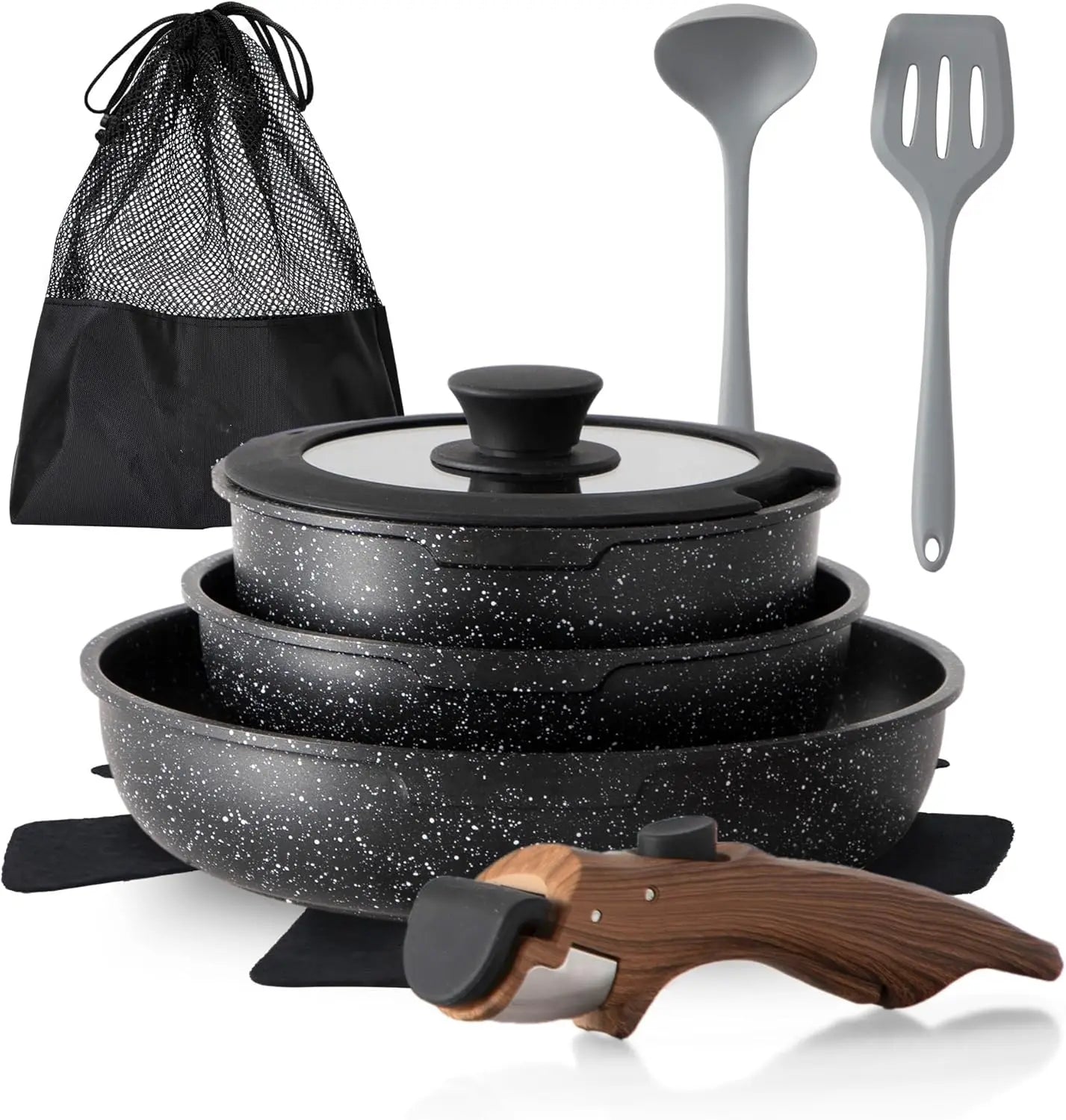 10-Piece Nonstick Cookware Set – Removable Handle, Induction Ready