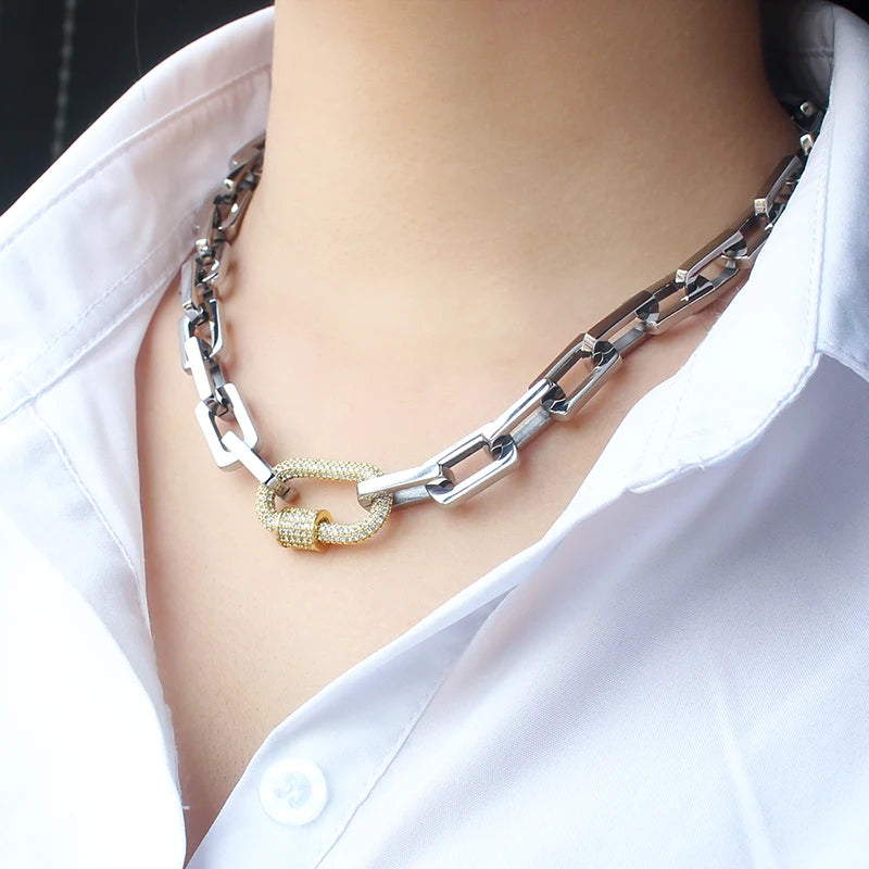 18K Gold & Silver Chunky Paperclip Chain Necklace | Zircon Carabiner Lock Minimalist Jewelry