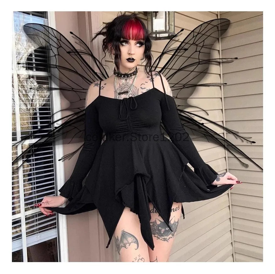 2025 Gothic Women Clothing Drawstring Pleated Short Dresses Solid Color Y2K Irregular Lace-Up Off The Shoulder Long Sleeve Dress