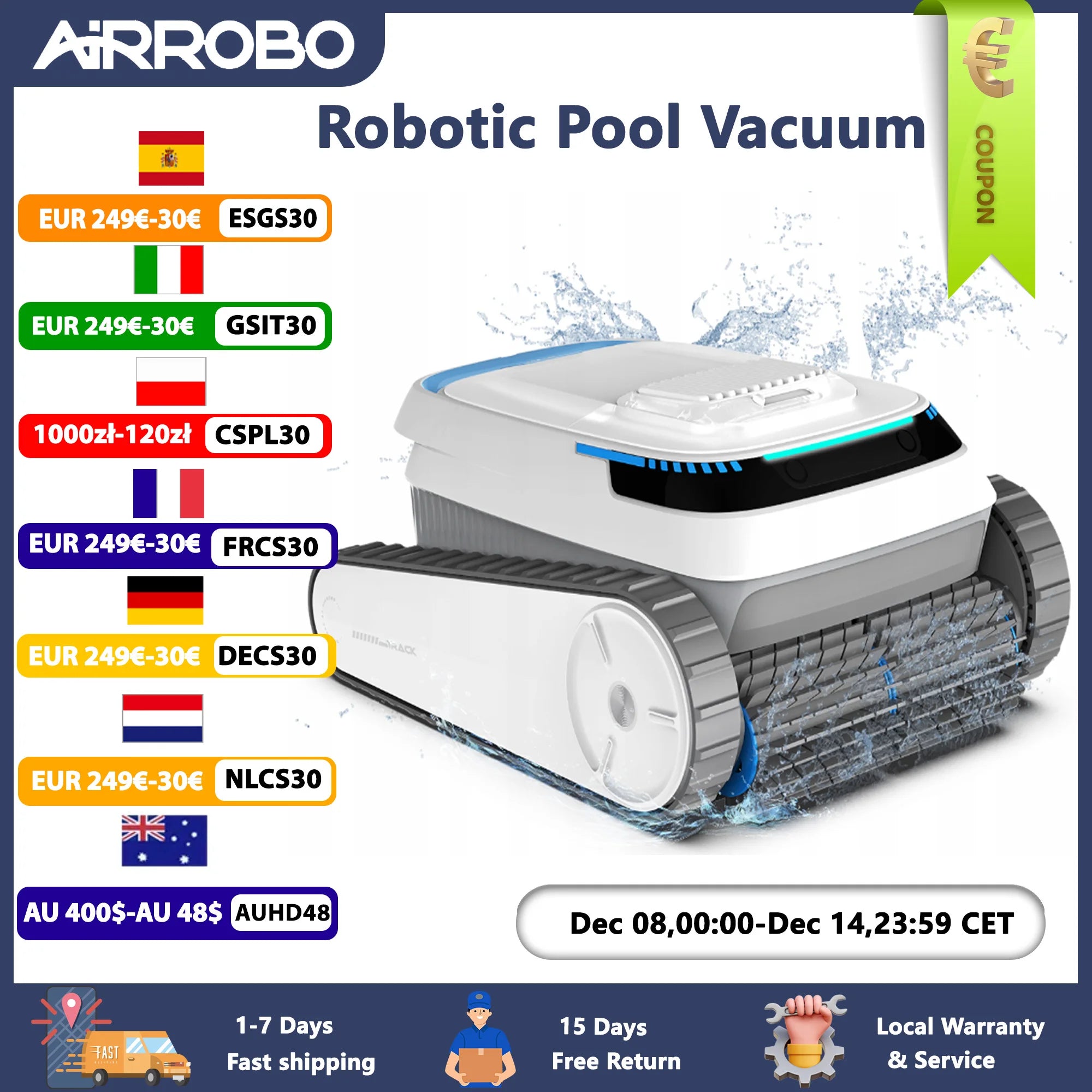 AIRROBO PC10 Cordless Smart Pool Vacuum – Floor, Wall & Waterline Cleaning Robot