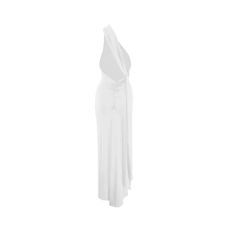 Women's One-Shoulder Sleeveless Maxi Dress Adjustable Scarf Loop Ruched Backless Bodycon Festival Party Outfit Elegant Long Gown