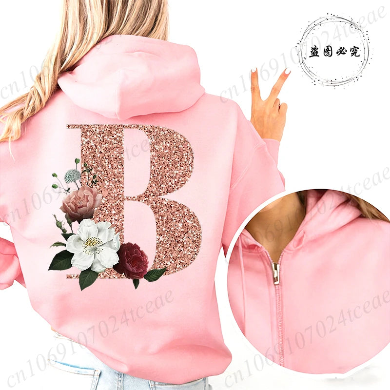 Women Zip Up Hoodies Rose Gold Letter A~Z Zipper Jackets Coats Autumn Winter Hoody Sweatshirt Fashion Casual Zip Pink Hoodie Top