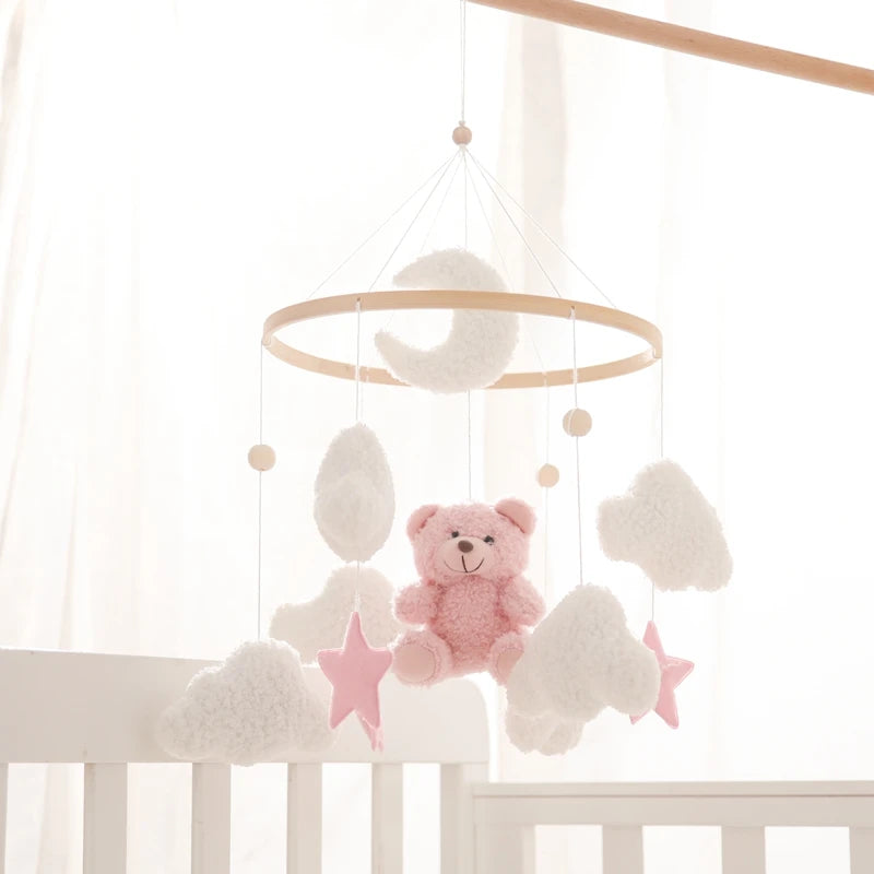 Wooden Crib Mobile Baby Bed Bell Rattle Toy Soft Felt Cartoon Bear Mobile bracket Newborn Music Box Bed Bell Hanging Bracket Toy