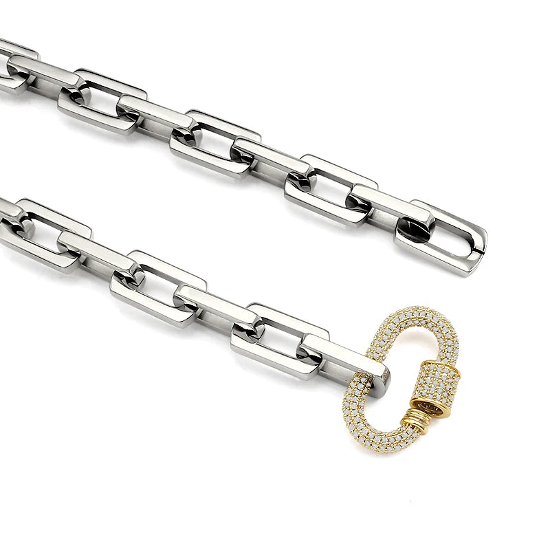 18K Gold & Silver Chunky Paperclip Chain Necklace | Zircon Carabiner Lock Minimalist Jewelry