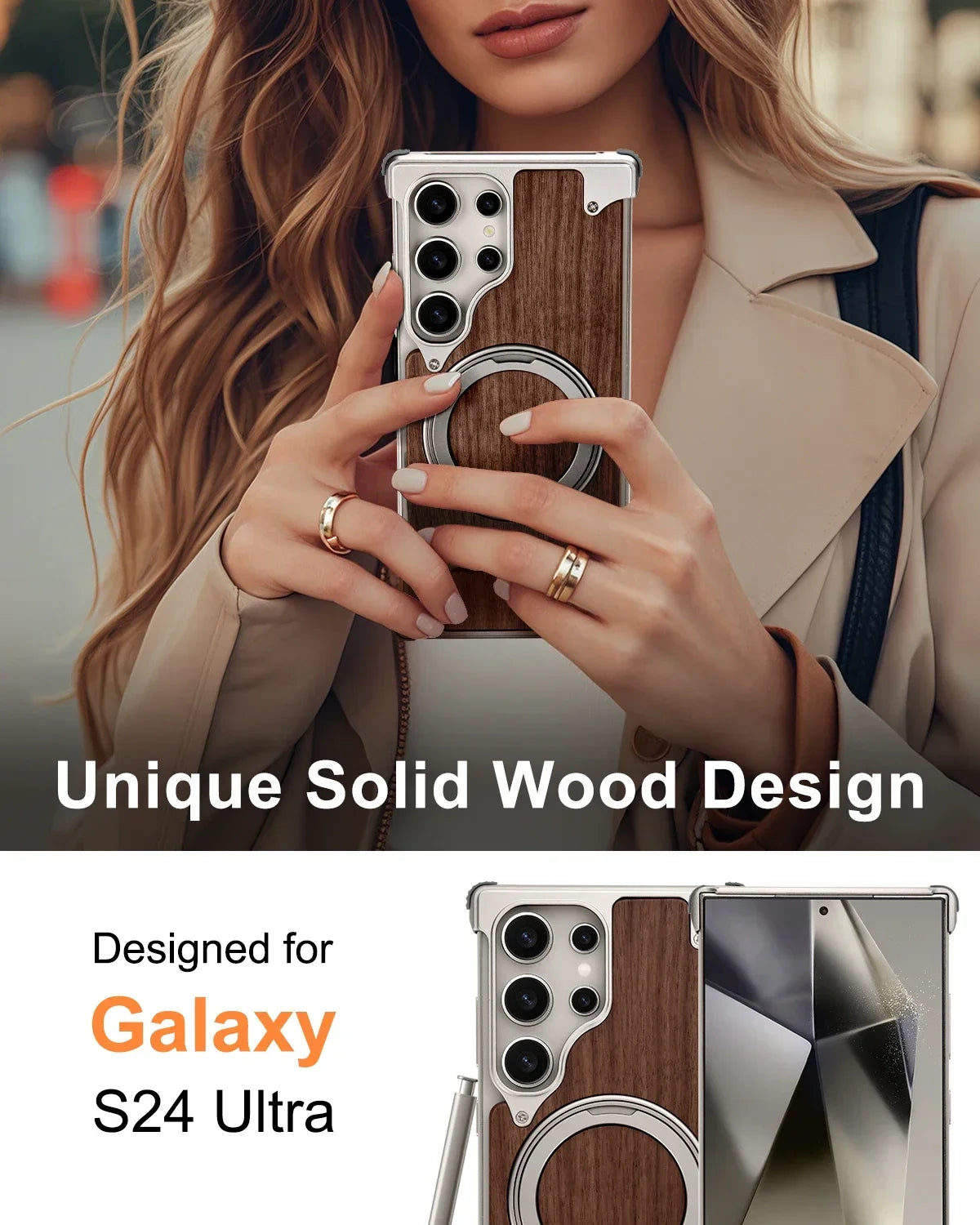 Eary Solid Wood Phone Case for Samsung Galaxy S25 S24 Ultra With Magsafe 360° Rotation Kickstand Frameless Protective Shells