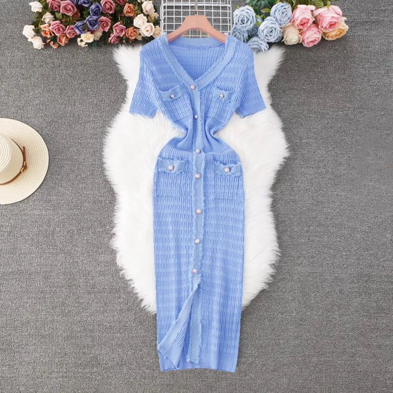 YuooMuoo 2026 New Arrival Women Knitted Long Dress Elegant V-neck Single-breasted Split Sweater Dress Office Lady Vestidos