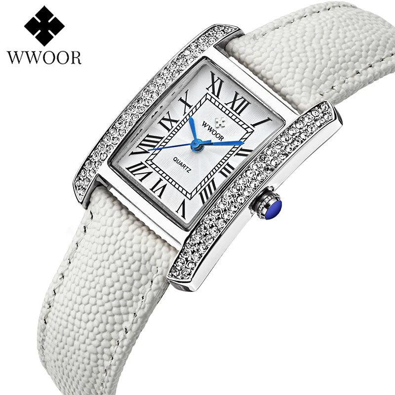 WWOOR Elegant Women's Watches Square Diamond Ladies Watch Waterproof Luxury Brand Leather Quartz Bracelet Watches Zegarek Damski