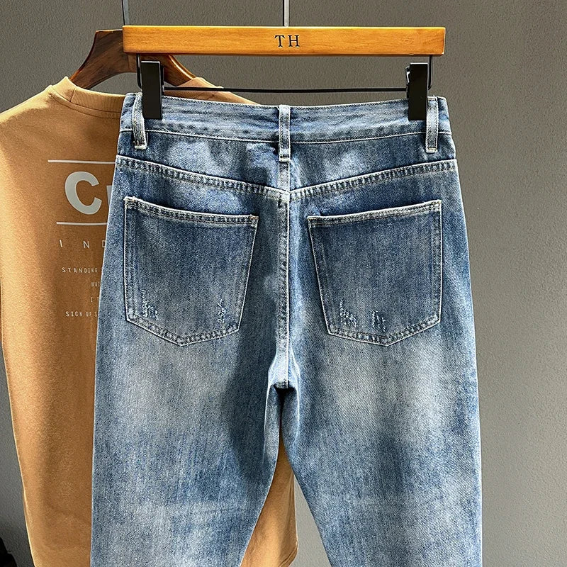 New Men's Ripped Jeans Personality Fashion Tapered Hole Frayed Denim Trousers Streetwear Casual Vintage Blue Pants Male Clothes